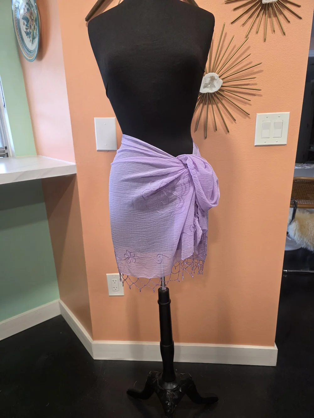 Vintage Y2K Sheer Shawl Lavender Embroidered Wrap Scarf Beaded Fringe